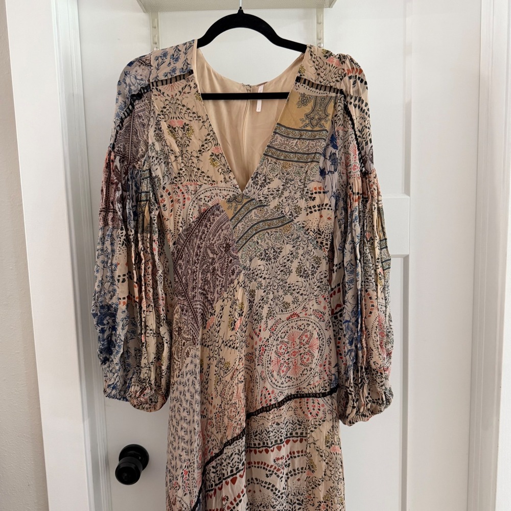 Free People Moroccan Dream Printed Maxi Dress Patchwork Boho V-Neck Size 4 - Picture 2 of 8